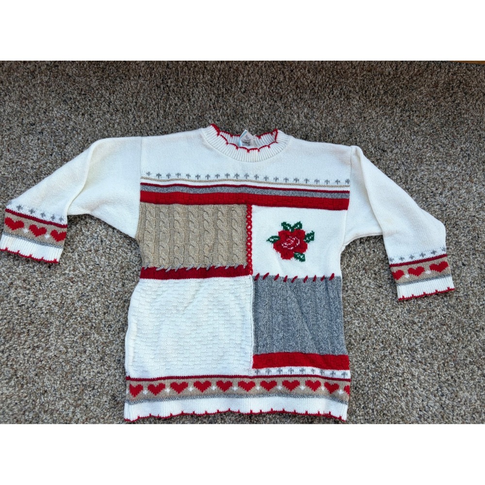 Vintage Toddler Patchwork Knit Sweater Hearts Rose White Red 3T